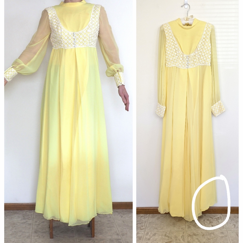 60s Vintage ILGWU Chiffon Jumpsuit Ultra Wide Leg Yellow Empire Corset Bodice - Picture 12 of 17